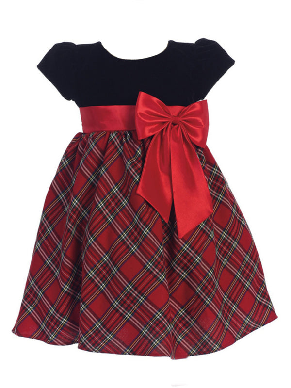 Lito Girls Red Black Velvet Plaid Taffeta Bow Christmas Dress 2T-10 front - SophiasStyle.com